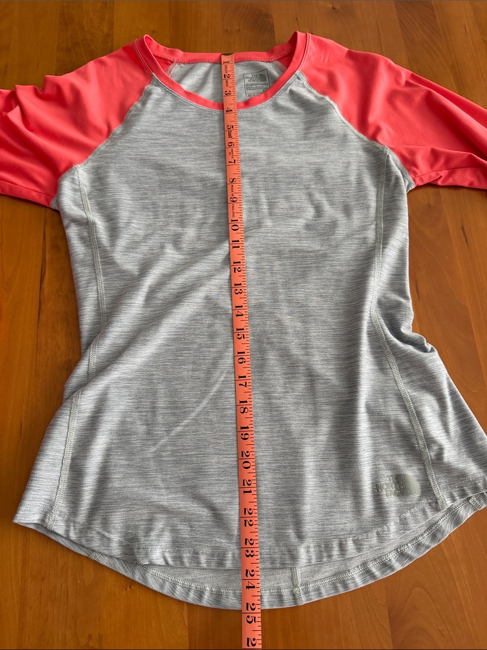 The North Face Heather Gray Raglan Long-Sleeve Tee with Coral Pink Sleeves - Picture 12 of 15